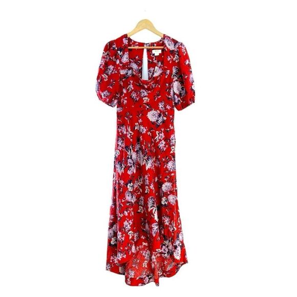 Anthropologie Maeve Red Motif Floral Puff-Sleeve Midi Dress, Size 6 - Picture 4 of 12